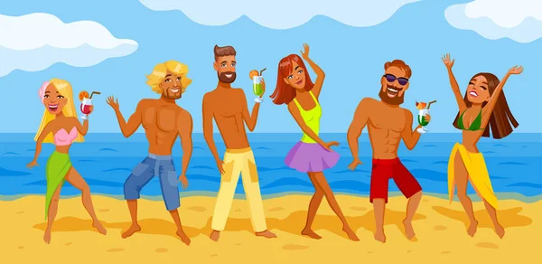 一群年轻人在海边的夏季海滩聚会上跳舞 他们中的一部分手里拿着鸡尾酒 他们穿着帕雷奥短裤上衣裤和比基尼 不同类型的外观 — 图库矢量图片