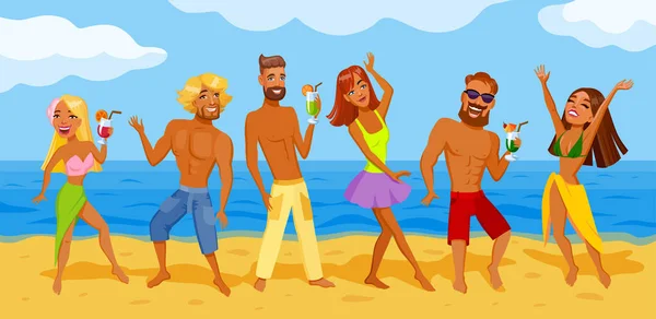 Grupo Jóvenes Bailando Una Fiesta Verano Playa Contra Mar Parte — Vector de stock