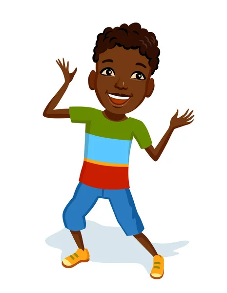 Llittle Vrolijke Jongen Heldere Kleren Afrikaans Kind Lacht Dansen Speelt — Stockvector