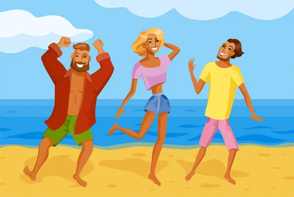 Gruppo Giovani Che Ballano Una Festa Estiva Sulla Spiaggia Contro Illustrazione Stock