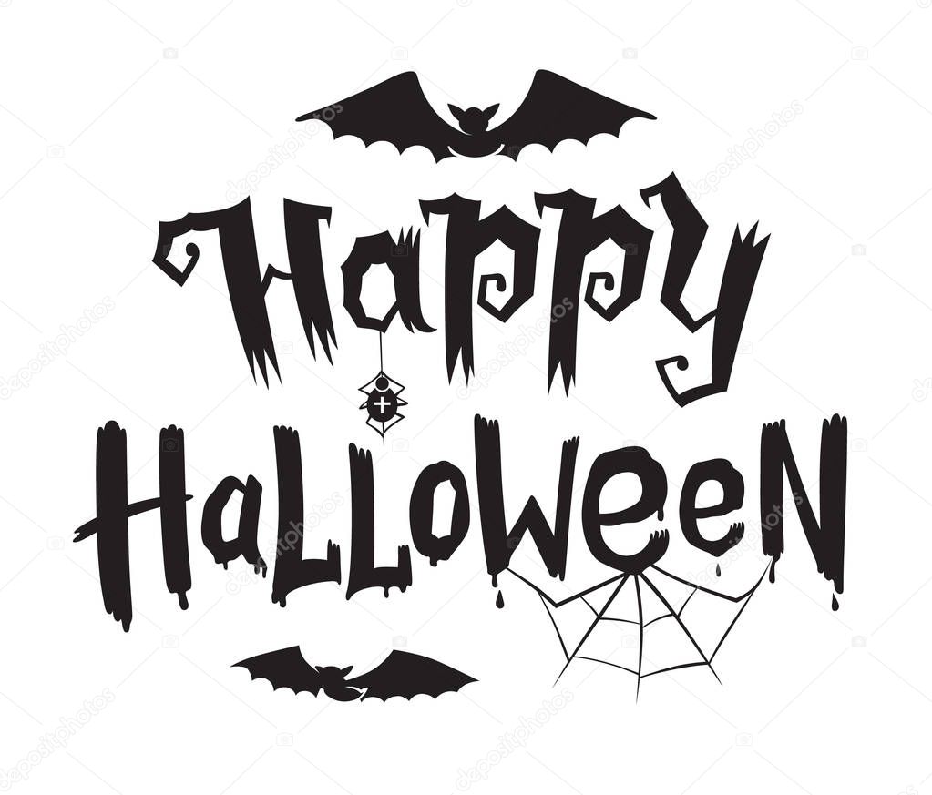 Happy Halloween emblem or logo badge hand drawn calligraphy. Black vector lettering design for banners poster or t-shirt on a white background. Typographic symbol with bats and spider
