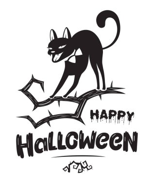 Mutlu Cadılar Bayramı amblemi veya logo rozeti yazı tipi. All Saints 'Eve siyah vektör beyaz bir arka plan üzerinde tasarım ve illüstrasyon harfleri. Korkunç bir ağacın dalı üzerinde agresif hayvan