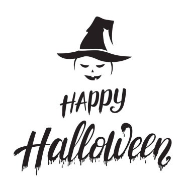 Mutlu Cadılar Bayramı amblemi veya logo rozeti yazı tipi. All Saints 'Eve siyah vektör beyaz bir arka plan üzerinde tasarım ve illüstrasyon harfleri. Jack'in lamba illüstrasyon