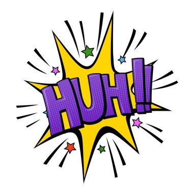 Huh komik metin konuşma kabarcık harfleri. Pop art sohbet ünlem. Konuşma kabarcığı kelimesi. Karikatür vektör tipografik yazıt. Parlak renkli hacim yazı tipi