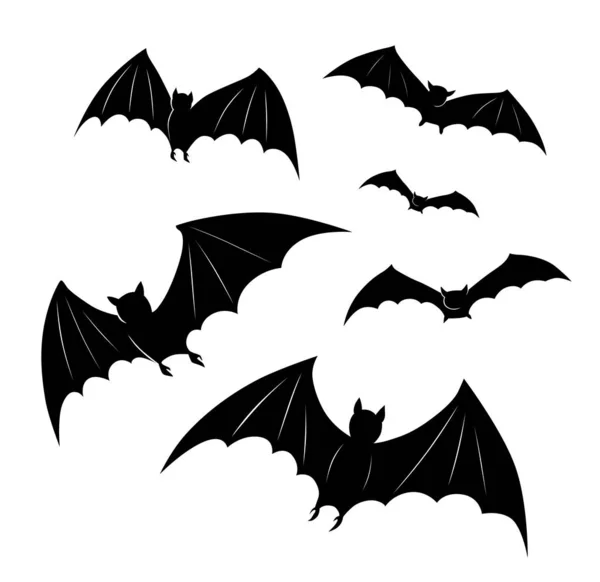 ハロウィーン漫画のコウモリが飛んで 白い背景にエンブレムやロゴバッジバナーポスターやTシャツのためのすべての聖人のイブの黒いベクトルイラスト 怖い夜の動物の群れ — ストックベクタ