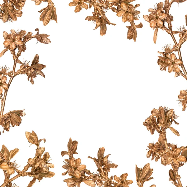 Floral frame made of golden sakura branches on white background — Stock Photo, Image
