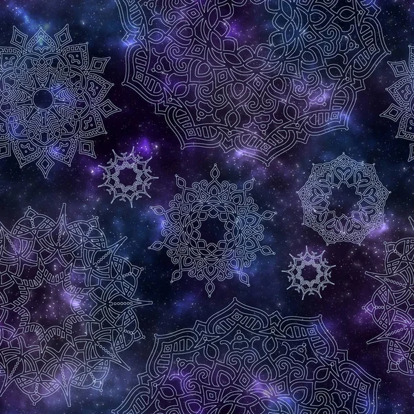 Nahtloses Muster kosmischer Textur und weiß glühendes Mandala. — Stockfoto