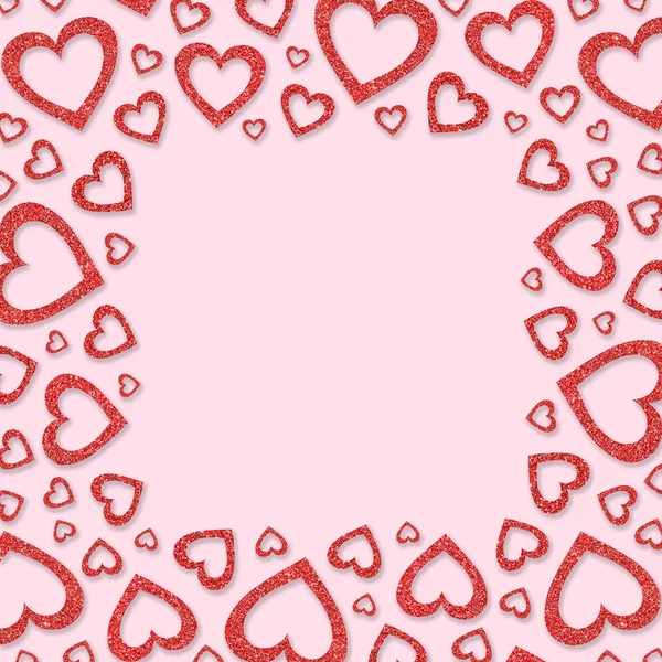 Cuadro rojo con corazones rojos de confeti de lentejuelas. Glitter polvo espumoso —  Fotos de Stock