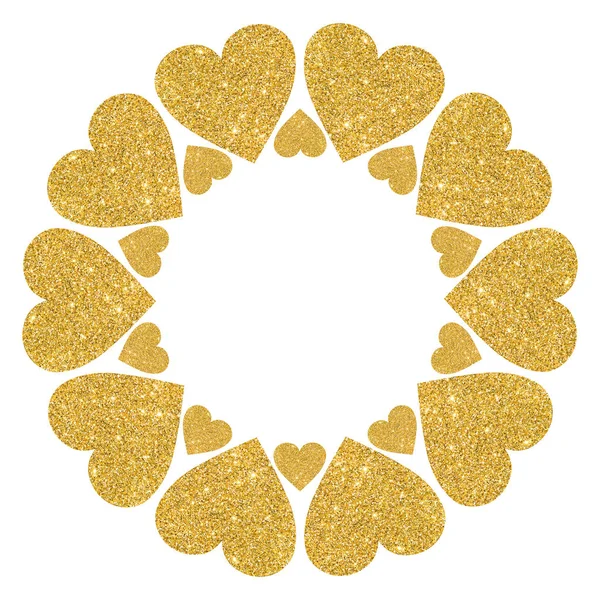 Marco redondo de corazones dorados y brillantes sobre un fondo blanco — Foto de Stock