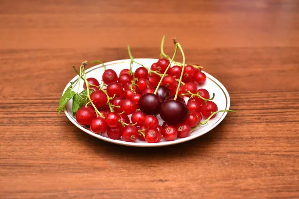 # Red currant and cherry in the white plate on a wood table # . — Stok Foto