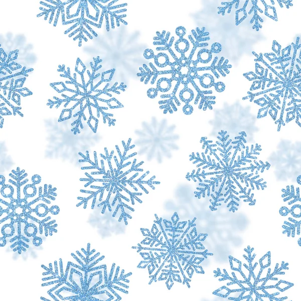 Χωρίς ραφή πρότυπο με μπλε λαμπερά νιφάδες χιονιού — Φωτογραφία Αρχείου