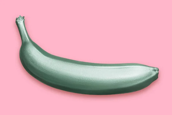 Grön Metallic Banan Rosa Bakgrund Ett Modernt Kreativa Koncept Samtida — Stockfoto