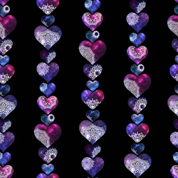 Kozmik Doku Siyah Arka Plan Üzerine Içinde Mandala Kalpler Şekillerle — Stok fotoğraf