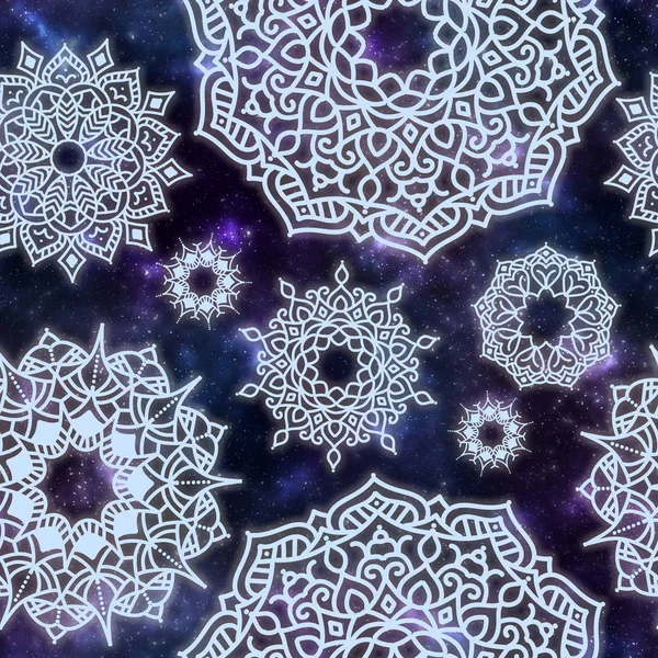 Patrón Sin Costuras Textura Cósmica Mandala Brillante Blanco Elemento Encaje — Foto de Stock