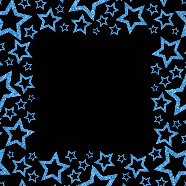Frame of shiny blue metal stars isolated on black background. Glitter powder border