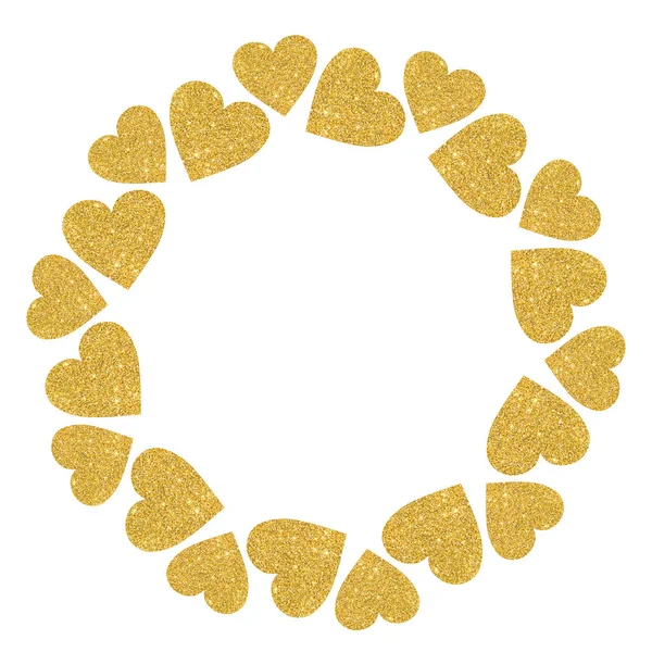 Round frame of golden shiny hearts on a white background.