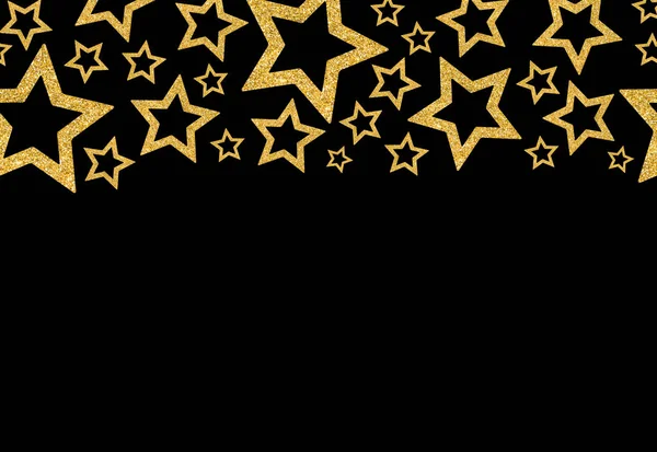Border with gold stars of sequin confetti. Glitter powder sparkling black background.