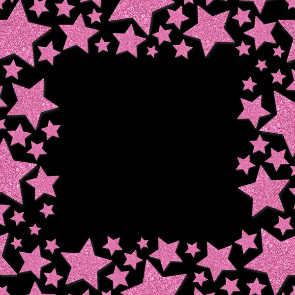 Keret Fényes Rózsaszín Fém Csillag Elszigetelt Fekete Háttér Glitter Por — Stock Fotó