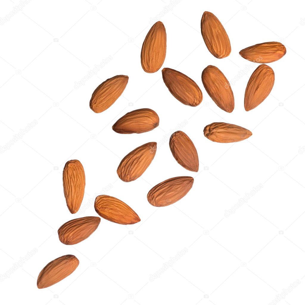 Almond nuts isolated on white background. Levity kernels