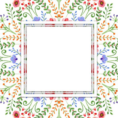 Bahar çiçekleri ve dalları suluboya çerçeveli. Çizilmiş tasarım.