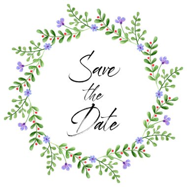 Tarih metnini kaydet suluboya düğün çelengi ile. El boyalı dalları ve çiçekler. Bahar çiçek öğeleri