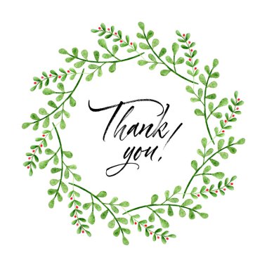 Teşekkür ederim metin ile suluboya çelenk. El boyalı şube ve çiçekler