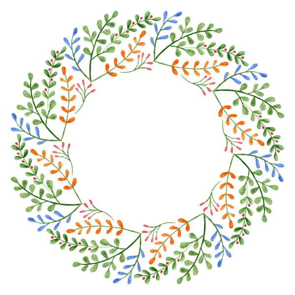 Watercolor wreath. Frame with spring flowers and branches. Circular hand-drawn design
