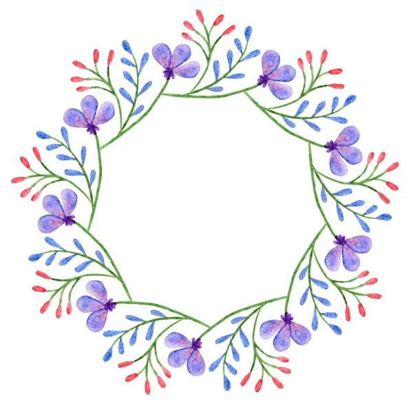 水彩の花輪 春の花のフレーム 円形の手描きデザイン — ストック写真