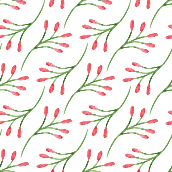 Seamless pattern with watercolor branches and red berries on white — Stock Photo, Image