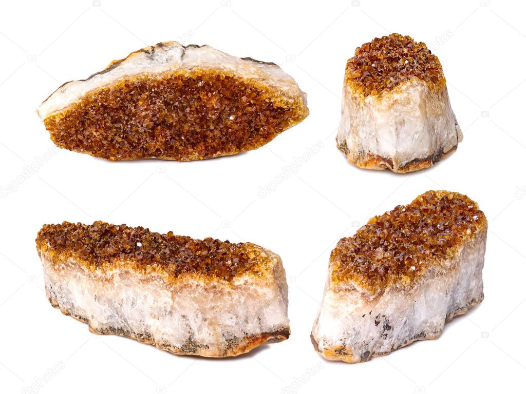 Set of citrine mineral close up. Stone crystals isolated on white background