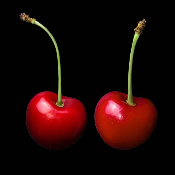 Two Fresh Ripe Cherries Isolated Black Background — Stock Photo, Image