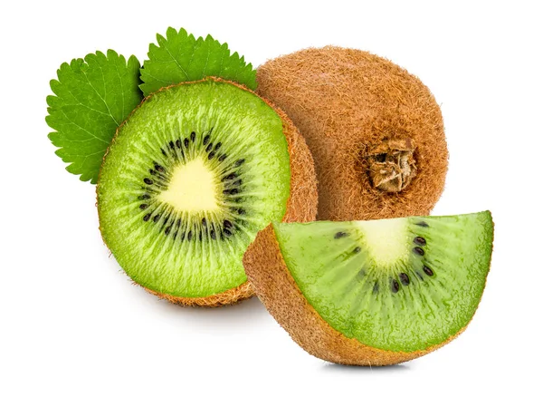 Frische Kiwi Ganz Und Geschnitten Hälfte Und Viertel Mit Blättern — Stockfoto