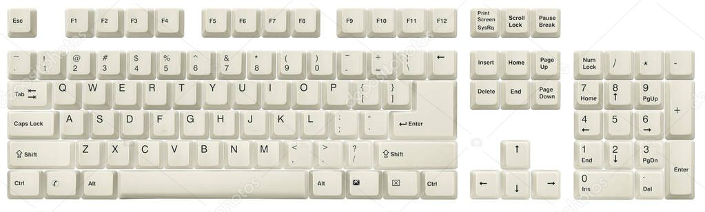 Top view of keys, from a white classic desktop keyboard, isolated on white. Full alphabet and numbers. High resolution image. Clipping path included.