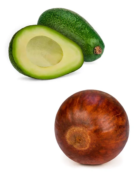 Hela Avokado Och Halv Isolerad Vit Bakgrund Saknade Ben Avokado — Stockfoto