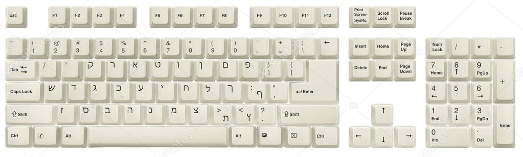 Hebrew keyboard. Top view of keys, from a white classic desktop keyboard, isolated on white. Full alphabet and numbers. High resolution image. Clipping path included.