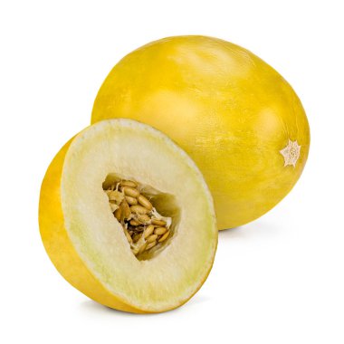 Bir buçuk kavun, beyaz bir arka plan üzerinde izole sarı