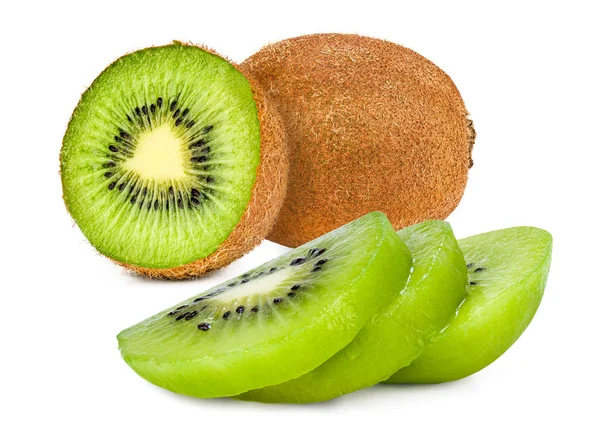 Kiwi Actinidia Deliciosa Entero Sección Transversal Cortado Rodajas Aislado Sobre — Foto de Stock