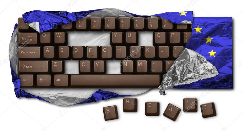 Computer keyboard chocolate, without B, R, E, X, I and T keys, wrapped in blue aluminum foil. Hi Res image isolated on white. Brexit is the withdrawal of the United Kingdom from the European Union.
