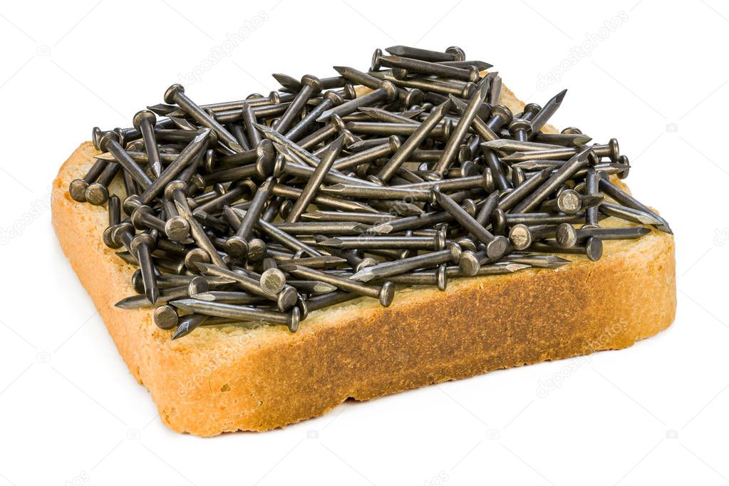 Nails on a slice of bread as a symbol of iron deficiency.