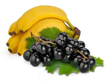 Black Muscat grapes with leaves, in front of a bunch of banana on white background. clipart