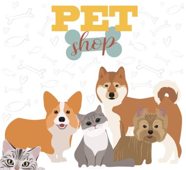 Kediler ve köpekler ile illüstrasyon. Evde beslenen hayvan dükkan poster için poster. Düzenlenebilir vektör çizim