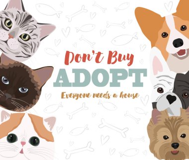 Kediler ve köpekler ile illüstrasyon. Evde beslenen hayvan adaptasyon poster için poster. Düzenlenebilir vektör çizim