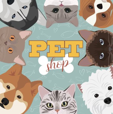 Kediler ve köpekler ile illüstrasyon. Evde beslenen hayvan dükkan poster için poster. Düzenlenebilir vektör çizim