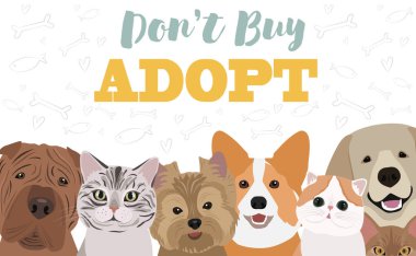 Kediler ve köpekler ile illüstrasyon. Evde beslenen hayvan adaptasyon poster için poster. Düzenlenebilir vektör çizim