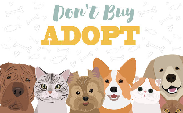 Illustration with dogs and cats. Poster for pet adaptation poster. Editable vector illustration