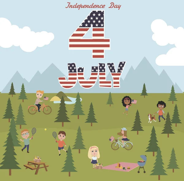 Dzień Niepodległości Stanów Zjednoczonych Plakat Pozdrowienie Urządzić Piknik Postaciami Ilustracja — Wektor stockowy