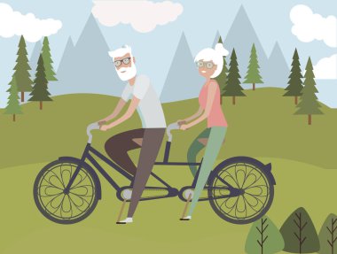 Etkin yaşlı çiftler parkta bisiklet sürme. Etkin ve sağlıklı bir yaşam ve Park'ta rahatlatıcı. Düzenlenebilir vektör çizim