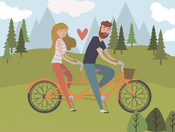Parkta Bisiklet Sürme Insanlar Çiftler Etkin Sağlıklı Bir Yaşam Park — Stok Vektör