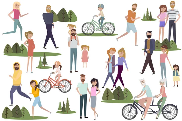 Ensemble Personnes Actives Pied Vélo Dans Parc Couples Actifs Familles — Image vectorielle