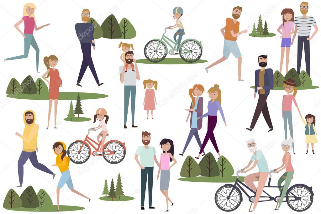 Set of active people walking and  riding on bicycles in the park. Active couples, families, kids, elderly couples. Healthy life and relaxing in park. Editable vector illustration